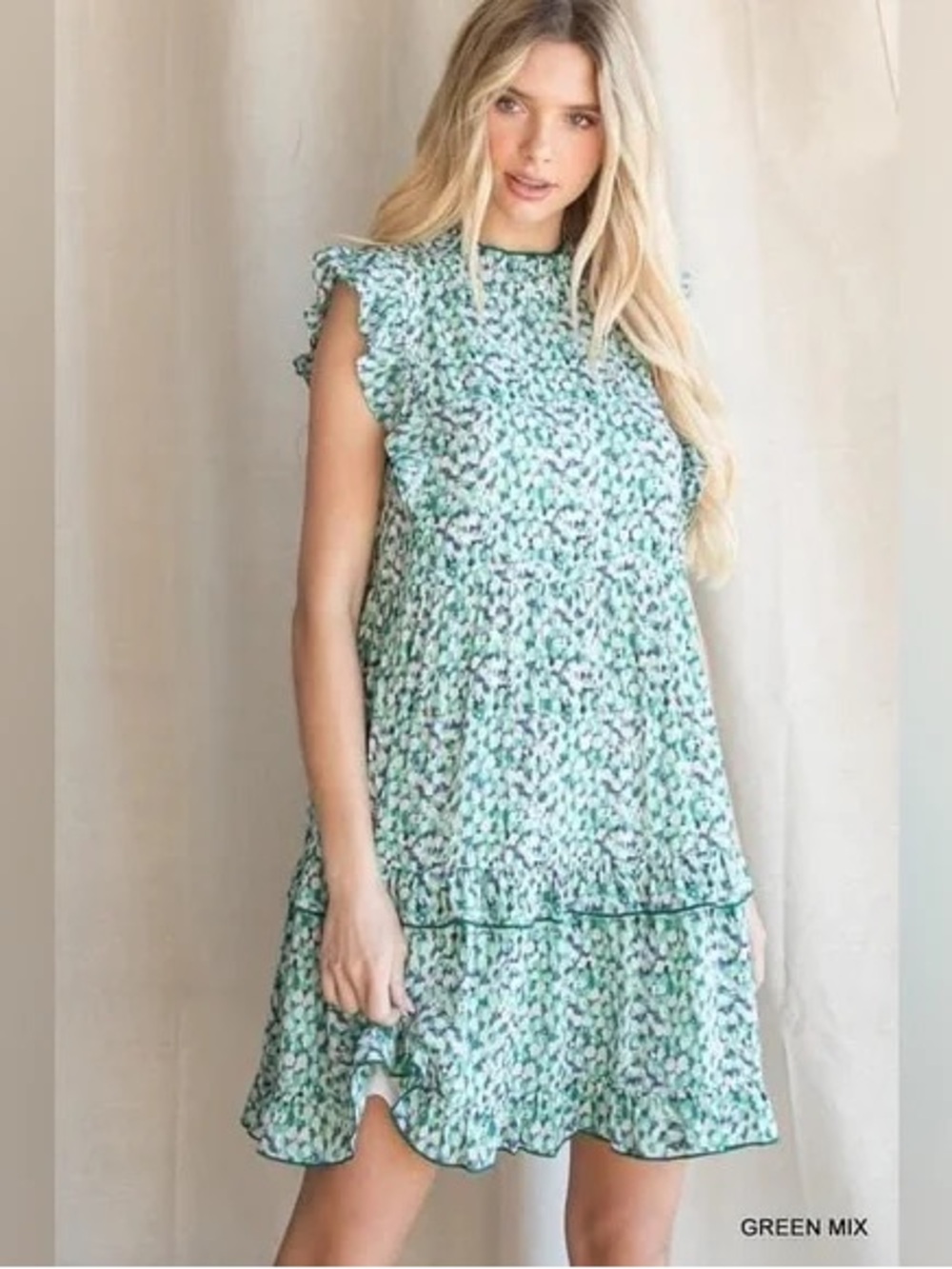 JODIFL Green and White Floral Ruffle Dress
